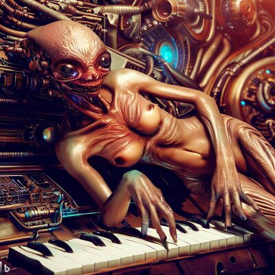a model morphed with an alien, showing some skin, lying on a hyperdimensional keyboard-synthes...jpg