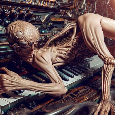a model morphed with an alien, showing some skin, lying with bottom in the air on a hyperdimen...jpg