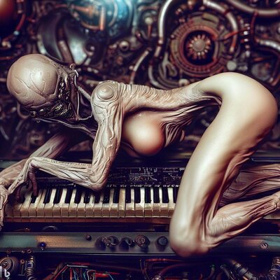 a model morphed with an alien, showing some skin, lying with bottom in the air on a hyperdimen...jpg
