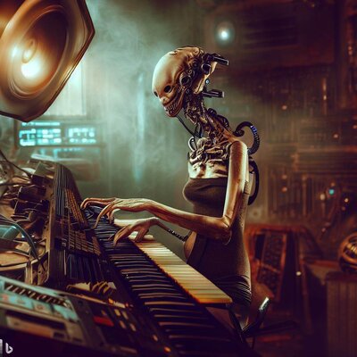 an alien morphed with a model, playing synthesizer in a postapocalyptic studio, steampunk-styl...jpg