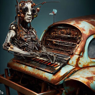 a model morphed with an insect showing a lot of skin, playing a keyboard-synthesizer, built in...jpg