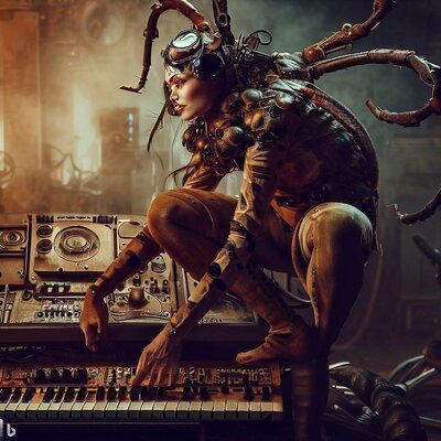 a model morphed with an instect, showing her bottom in an apocalyptic studio with a keyboard s...jpg