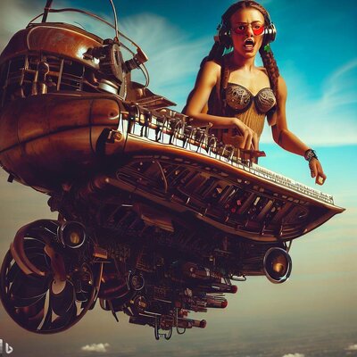 a model showing a lot of skin, playing a keyboard-synthesizer, built into a airship in steampu...jpg