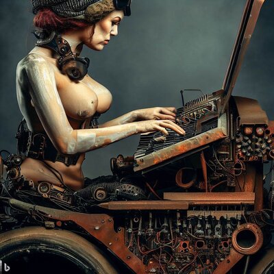 a model showing a lot of skin, playing a keyboard-synthesizer, built into a rusted oldtimer-ca...jpg