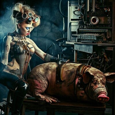 a overfed cyberpunk-model, morphed with a pig shows her bottom to an anorectic steampunk-model...jpg