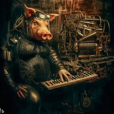 a well fed model, morphed with a pig, showing her bottom in a dark, apocalyptic studio with a ...jpg