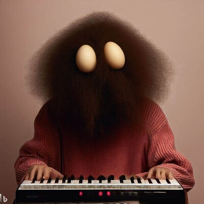 a face, chin made of two hairy eggs, funny mimics, playing a keyboard-synthesizer-1.jpg