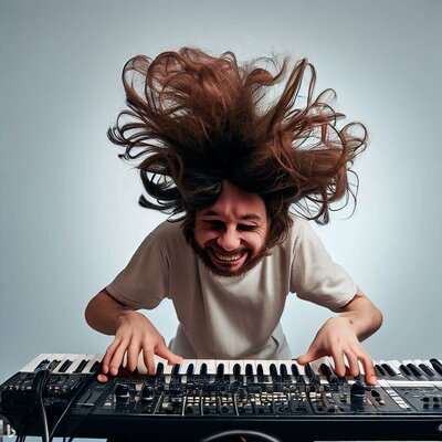 a bottom-face showing funny mimics, tangled short hair, playing a keyboard-synthesizer-2.jpg