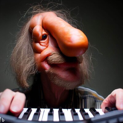 a funny face with a long, shriveled nose made from sausages and a hairy chin, playing a keyboa...jpg