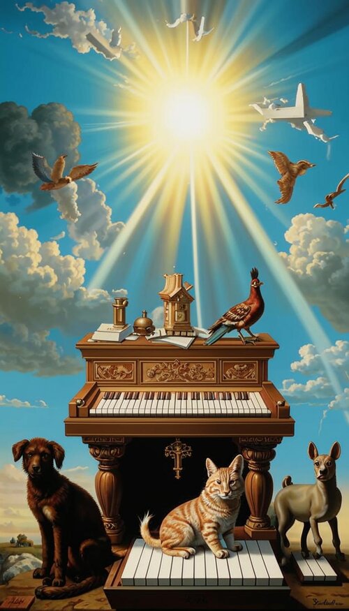 A harpsichord with a donkey, a dog, a cat, and a cockerel underneath it, in the background the...jpg
