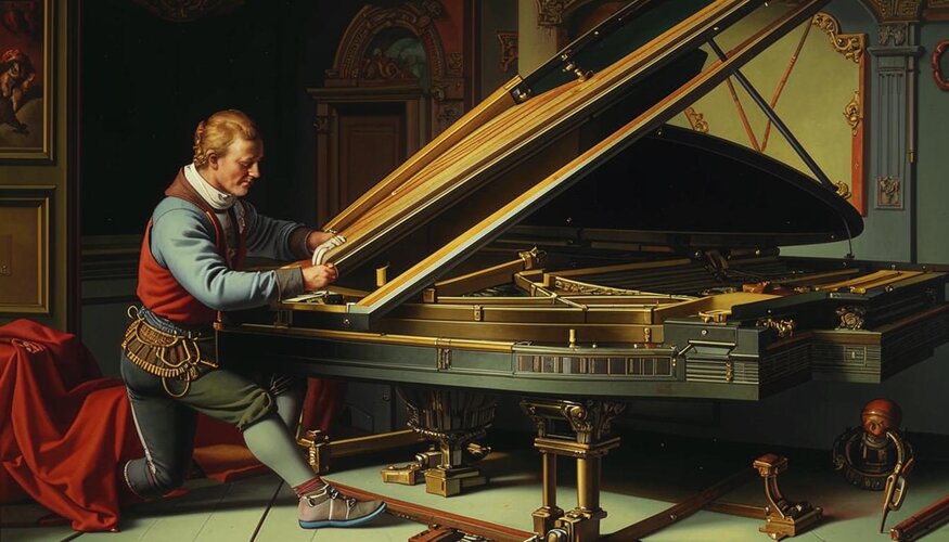 A car mechanic lying on the floor underneath a grand piano, which standing on a lifting ramp i...jpg