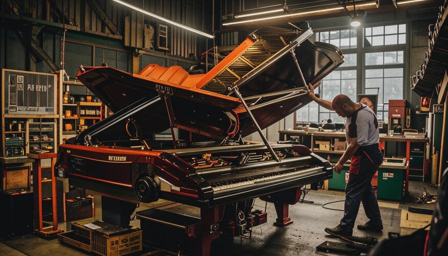A grand piano on a lifting platform in a car workshop, with a mechanic trying to repair it fro...jpg