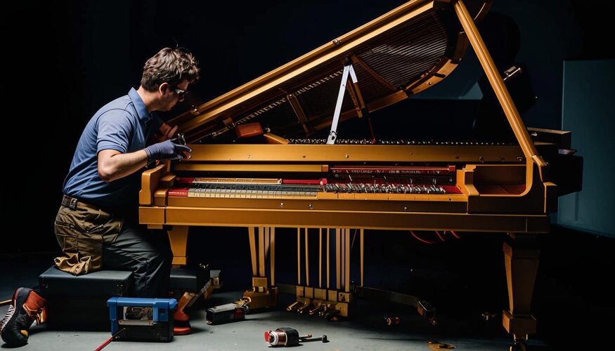 An car mechanic with his tools, lying underneath a grand piano, trying to repair it from below...jpg