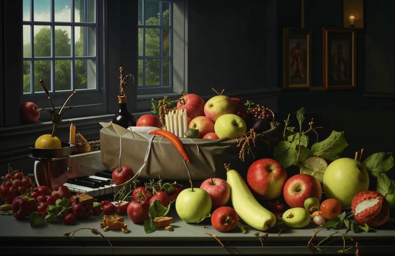 A dutch-renaissance style still life with a plastic bag of apples, pears, carrots, celery, and...jpg
