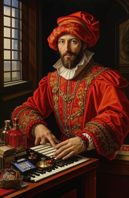 Portrait of a renaissance italian rich merchant with the usual status symbols, such as a watch...jpg