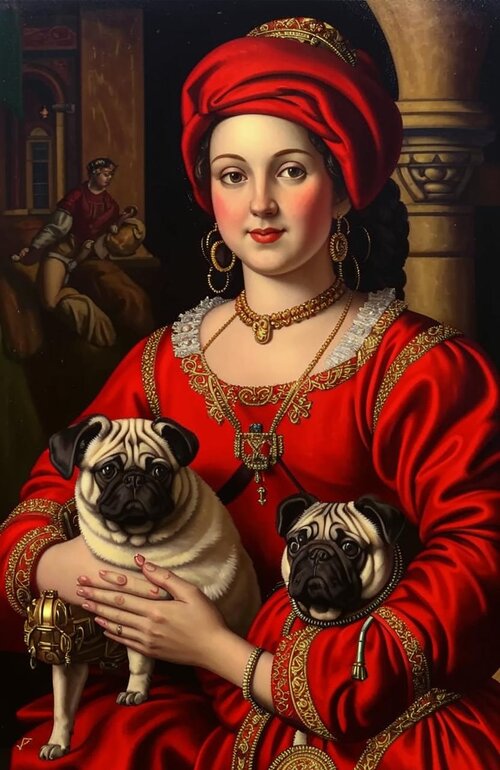 Portrait of a renaissance italian rich merchant with her usual status symbols, such as a watch...jpg