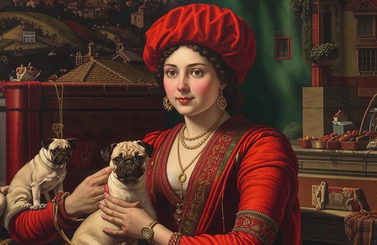 Portrait of a renaissance italian rich merchant with her usual status symbols, such as a watch...jpg