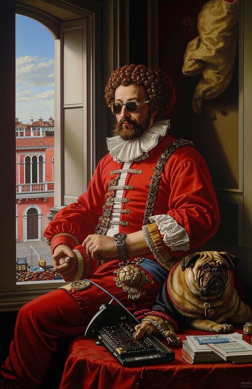 Portrait of a renaissance italian rich merchant with his usual status symbols, such as a watch...jpg
