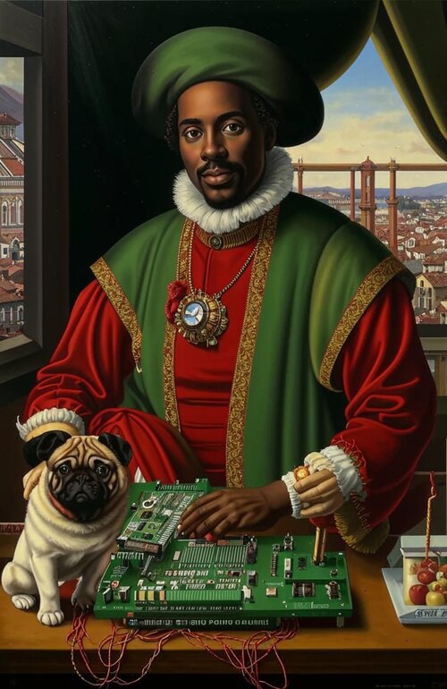 Portrait of an African-American renaissance italian rich merchant with his usual status symbol...jpg