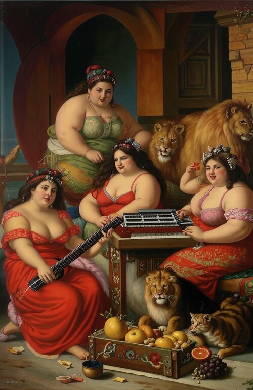 Several slightly obese women with very few clothes in a persian harem playing synthesizers. A ...jpg