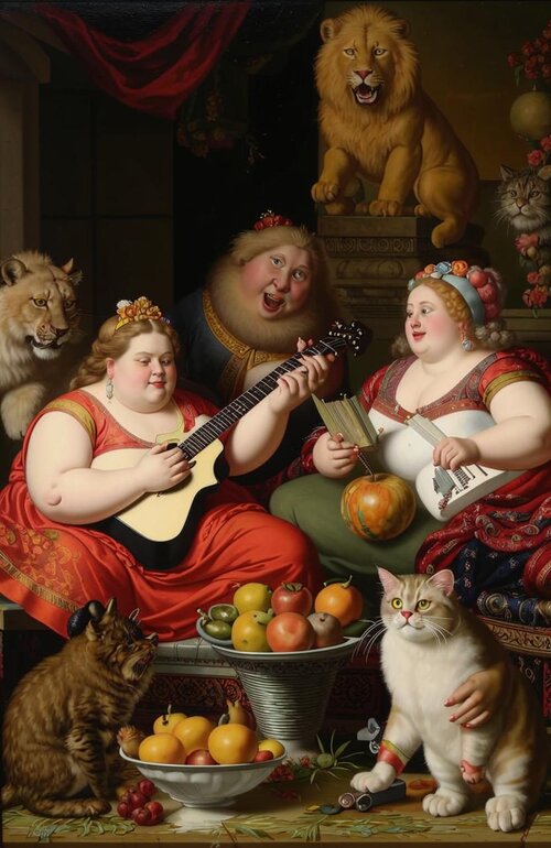 Several slightly obese women with very few clothes in a persian harem playing synthesizers. A ...jpg