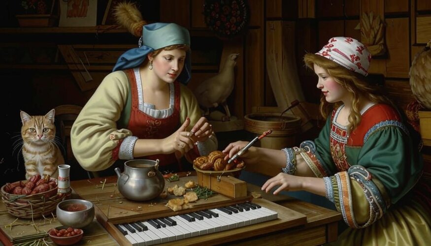 A scene in a flemish peasant household in the 17th century. People are going about their typic...jpg