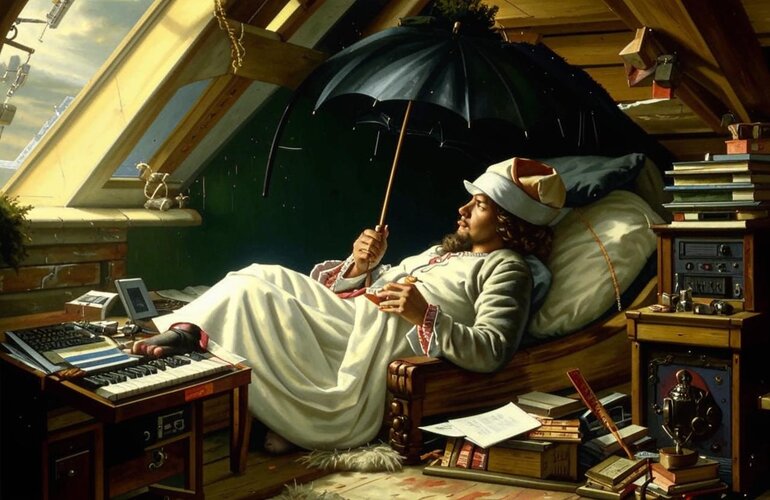Painting in a 19th century Romanticist style. A poor poet with a white Phrygian cap is lying i...jpg