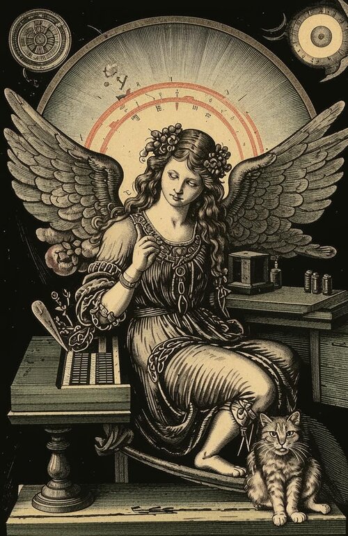 Copper engraving in 15th century Renaissance style. A grumpy angel, laurels in her hair, her h...jpg
