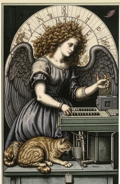 Copper engraving in 15th century Renaissance style. A grumpy angel, laurels in her hair, her h...jpg