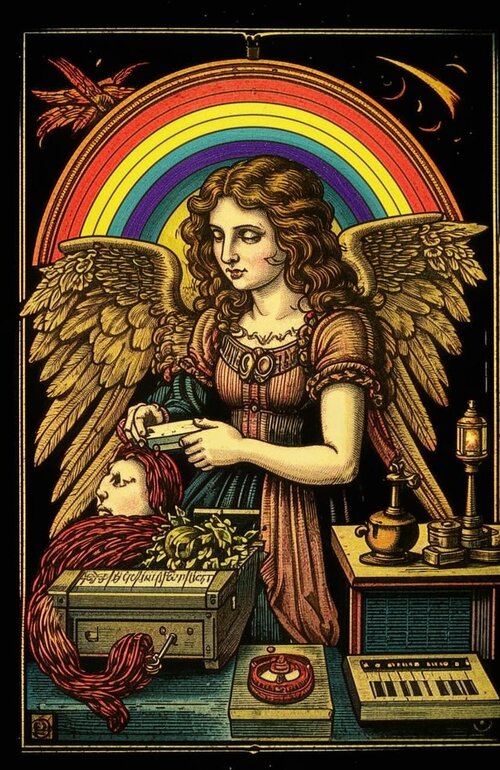 Copper engraving in 15th century Renaissance style. A grumpy angel, laurels in her hair, head ...jpg