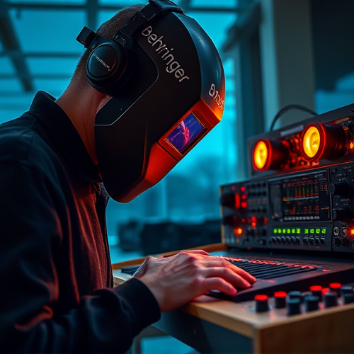 man with welding mask looking at a synthesizer with blinking lamps, %22behringer%22 writtten o...png