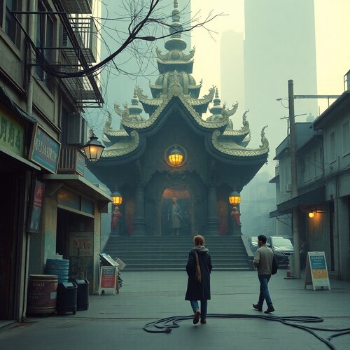 Candid street photography capturing a mystic, enchanting temple of the future chaos in an urba...jpg