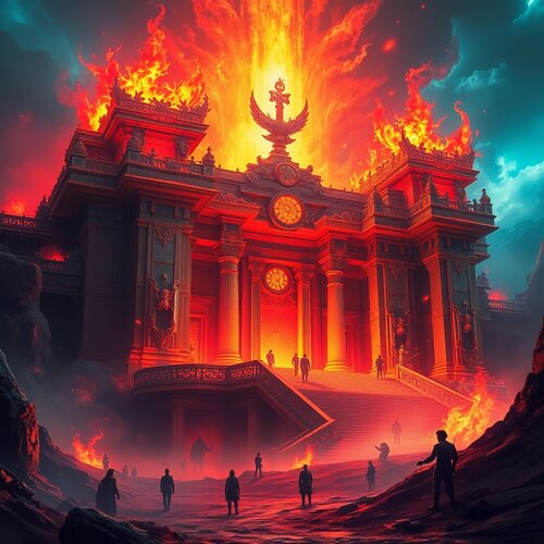 Vibrant epic scene depicting a massive, heroic temple of the future chaos. Lens glow lighting ...jpg