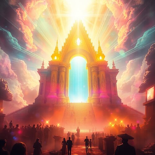 An ethereal, spiritually vibrant image of a futuristic temple in chaos, bathed in bright lens ...jpg