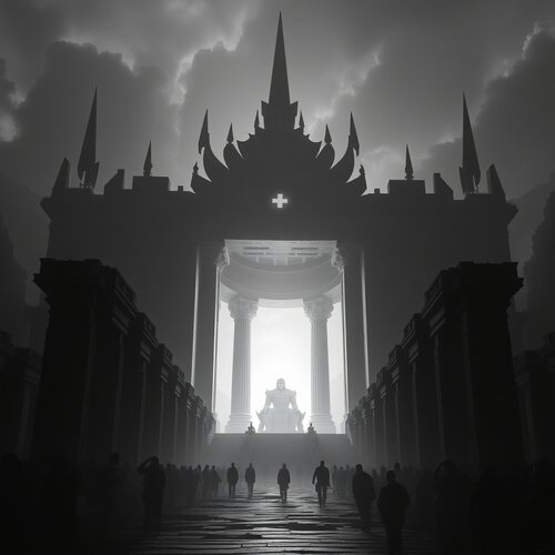 Classic black and white epic scene depicting a massive, heroic temple of the future chaos. Len...jpg