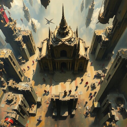 A classic oil painting in an overhead bird's eye view, depicting a futuristic temple in chaos,...jpg