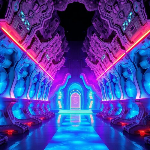 Futuristic temple for the insane glowing with bioluminescent colors, natural light effects, vi...jpg