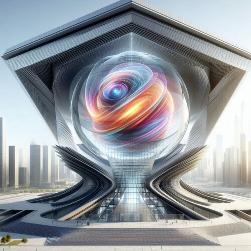 A futuristic temple with a four-dimensional sphere at its center, modern architecture with sha...jpg